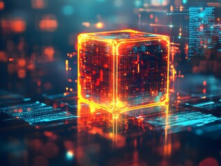 Poster - A futuristic glowing cube surrounded by a high-tech digital environment