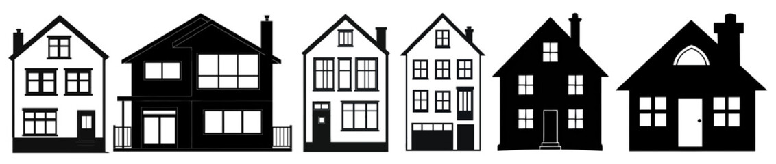 silhouettes of various house designs, png element set on transparent background