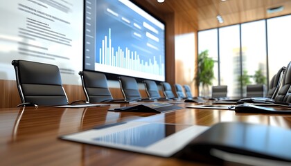 Poster - A modern conference room featuring a long wooden table, sleek chairs, and a large screen displaying data graphs, perfect for meetings and presentations in a corporate environment.