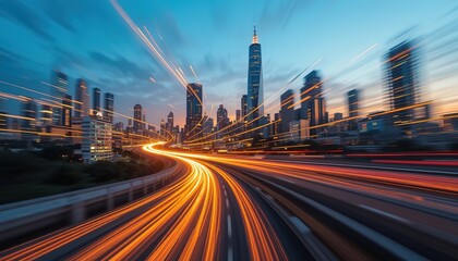 Poster - city lights and skyscrapers captured at high speed with motion blur, featuring glowing orange and ye