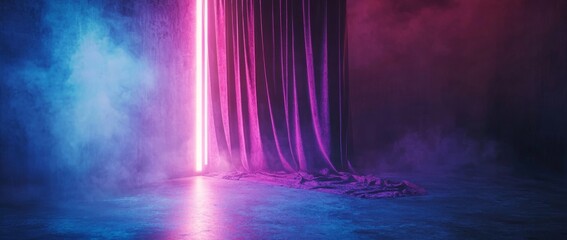 Poster - Vibrant abstract background with velvet drapery and neon lights, perfect for product displays in a dark setting