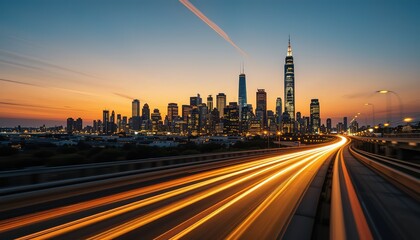 Poster - City lights and skyscrapers captured at high speed with motion blur, featuring glowing orange and yellow light trails that curve into the horizon at sunset. hd image