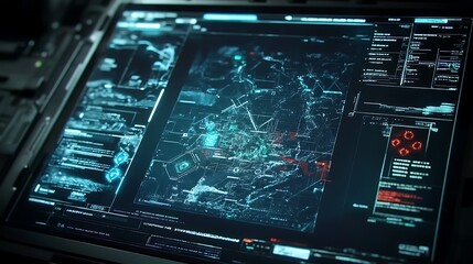 Futuristic Tech Screen Displays Digital Map Data