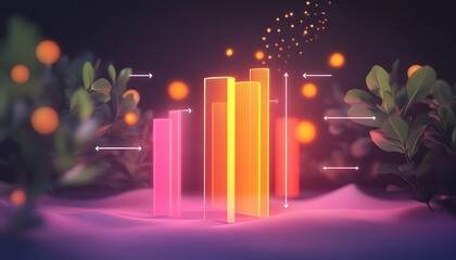 Poster - A vibrant digital representation of business growth, featuring colorful bar graphs set against a lush background, symbolizing innovation and progress in technology and data analysi