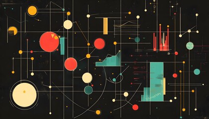 Poster - An abstract composition featuring vibrant geometric shapes and lines on a dark background