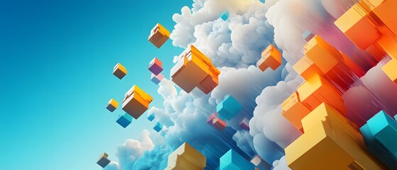 Poster - An abstract representation of floating geometric shapes in vibrant colors against a blue sky with fluffy clouds