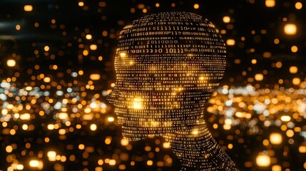 Digital head, binary code, glowing lights, abstract background, AI concept