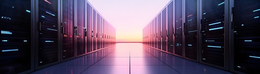 Poster - Futuristic server room with glowing lights.