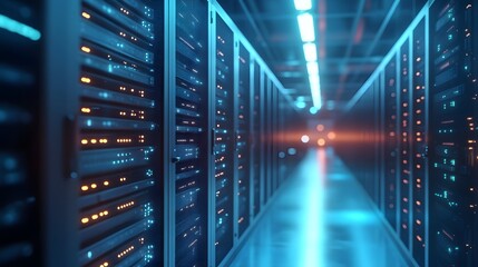 Poster - Illuminated data center corridor with servers.