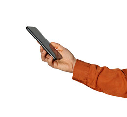 Isolated female hand in terracotta sleeve holding touch screen phone