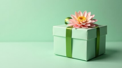 Poster - A Delicate Mint Green Gift Box Adorned with a Pastel Pink Flower and a Verdant Ribbon, a Symbol of Thoughtful Presentation