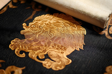 Wall Mural - Traditional block printing on fabric with ornate lion design