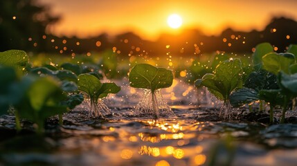 Wall Mural - Vibrant sunset illuminating fresh greens in a field, with droplets sparkling in the air