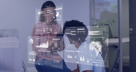 Poster - Business data analytics image over diverse colleagues collaborating in office