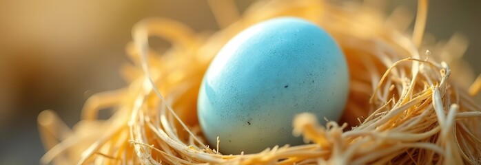 close-up of pastel blue easter egg resting in nest of hay under soft natural light