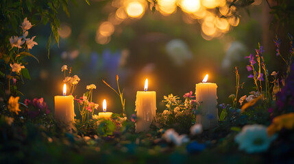 Poster - beltane warm glowing candlelight in a tranquil garden setting with vibrant flowers