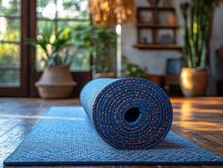 rolled yoga mat with blue and orange design on wooden floor