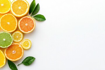 Wall Mural - Citrus slices green leaves on white background