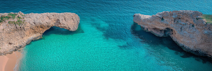 Poster - A rugged coastline with natural rock arches and turquoise water swirling around them, captured from a dramatic aerial perspective,
