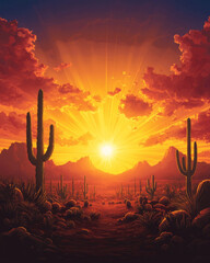 Wall Mural - A serene desert landscape with saguaro cacti silhouetted against a warm, glowing twilight sky and a distant mountain range,