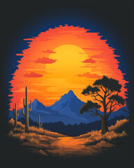 Wall Mural - A serene desert landscape with saguaro cacti silhouetted against a warm, glowing twilight sky and a distant mountain range,