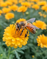 Fototapete - A close-up of a honeybee pollinating a bright yellow flower, with fine details of its wings and pollen-covered legs in focus,
