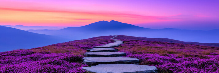 Fototapete - A breathtaking view of rolling hills covered in blooming heather, with a winding trail leading toward the distant horizon at golden hour,