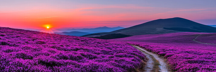 Fototapete - A breathtaking view of rolling hills covered in blooming heather, with a winding trail leading toward the distant horizon at golden hour,