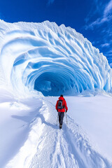 Poster - A hiker marveling at the massive ice formations of a glacier, with their breath visible in the cold air,