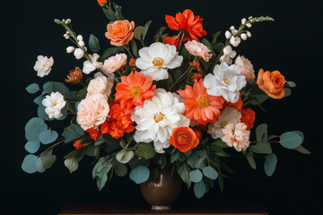 Poster - A vibrant bouquet of assorted flowers in a rustic vase on a wooden table,