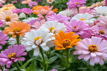 Poster - A garden of colorful zinnias attracting bees and butterflies,