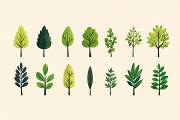 collection of various tree and leaf designs with different shapes and shades of green arranged artis