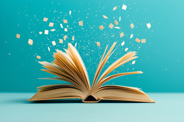 Aufkleber - An open book lying on a table with fluttering pages captured in motion,