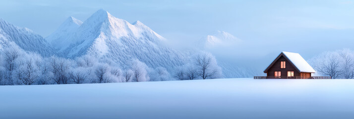 Poster - A cozy alpine cabin nestled against a snowy mountain backdrop,