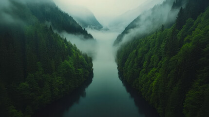 Poster - A serene morning scene with fog rolling through an alpine valley,