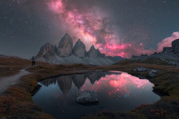 Poster - The Milky Way galaxy clearly visible above the alpine mountains during a starry night,