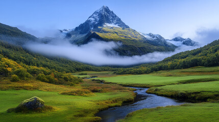 Poster - A serene morning scene with fog rolling through an alpine valley,