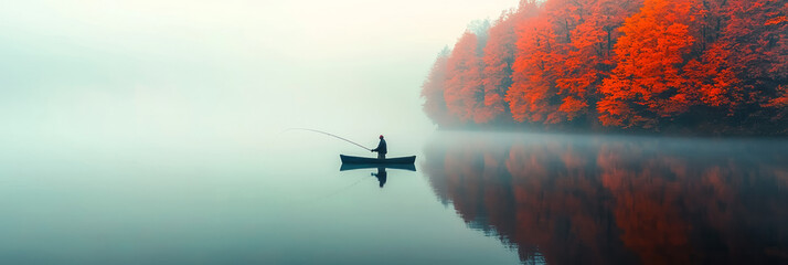 Poster - A fisherman patiently casting a line into the calm waters of a secluded lake,