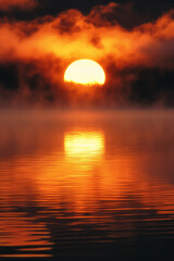 Aufkleber - A serene lake at sunrise with mist rising from the water and reflections of the dawn light,