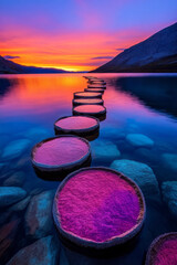 Poster - A vibrant sunset over a beautiful lake, with dramatic colors in the sky,