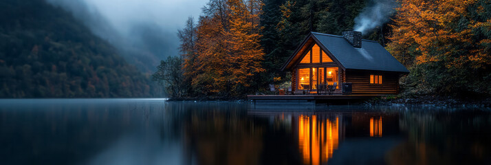 Fototapete - A lakeside cabin nestled among the trees with a smoke trail rising from the chimney,