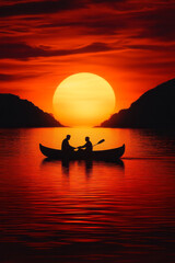 Poster - A couple enjoying a sunset boat ride on a tranquil lake,