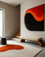 Leinwandbilder - A minimalistic living room with a sleek sofa, a coffee table, and a rug,