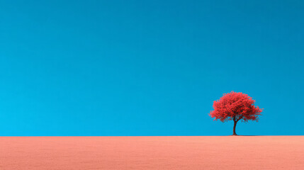 Aufkleber - A lone tree standing in a vast, empty field under a clear blue sky,