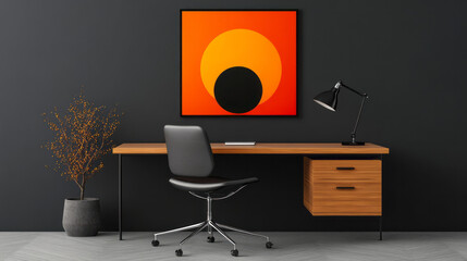 Poster - A minimalist workspace with a sleek desk, a chair, and a single piece of art,