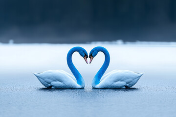 Aufkleber - Two identical swans creating a heart shape with their necks in a symmetrical pose,