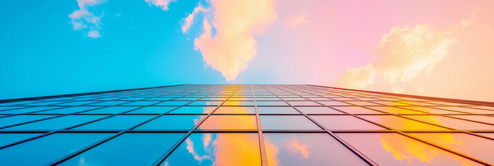 Fototapete - The perspective of looking up at a skyscraper from ground level, showcasing its height,