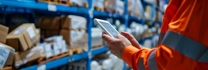 Poster - Close-up of a warehouse worker wearing an orange hi-vis jacket using a digital tablet to manage inventory in a large storage facility. Rows of shelves are stocked with various boxes and items.