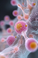 Poster - An elegant digital illustration of skin epithelium cells in mitosis, highlighting the process of cell division with detailed cellular components and clear labeling,
