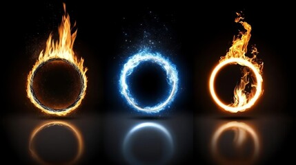 Poster - Fiery and Icy Rings Triptych of Circular Fire, Ice and Energy, Abstract Background, Flame, Ice, Energy ,abstract art